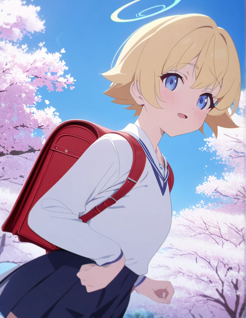 (masterpiece), (ultra-detailed), best quality, 8k, (randoseru backpack:1.0), texture pose, blonde hair、short hair、 、The boy stops and looks back、cherry blossom petals fall、Cherry blossom trees 、Camera work that shoots the boy from a distance、blue sky, anime style