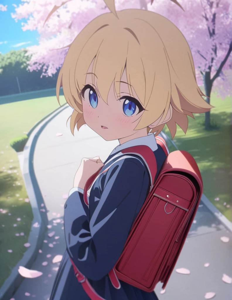 (masterpiece), (ultra-detailed), best quality, 8k, (randoseru backpack:1.0), texture pose, blonde hair、short hair、 primary school student、The boy stops and looks back、cherry blossom petals fall、Cherry blossom trees 、Camera work that shoots the boy from a distance、blue sky, anime style