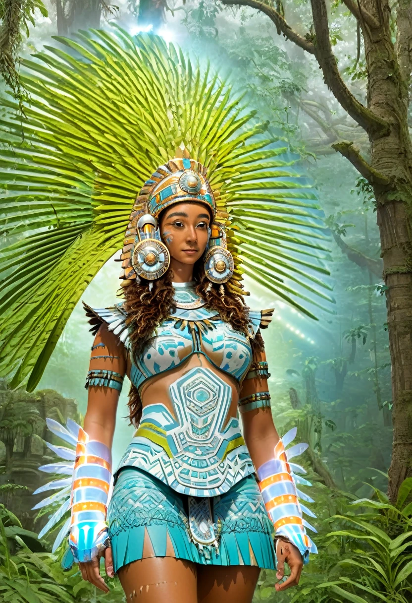 A youthful Latina woman, standing in the forest, with Mayan temples behind her. She is dressed in ancestral fashion with a futuristic modern style. Her headdress is like an ancient Aztec sculpture but with advanced tech, headphones headdress, aztec-mayan headdress, and LED lights. The year is 2222. She is set in a retro-futuristic world, surrounded by mystical sparkles that resemble blue-white blinking fireflies. The fusion of mystery and ancestry with advanced technology creates a unique atmosphere. Myan temples on in the distance. She is wearing a backpack and is shown from the waist up, heading to out on a quest to learn about ancient wisdom and new technology."