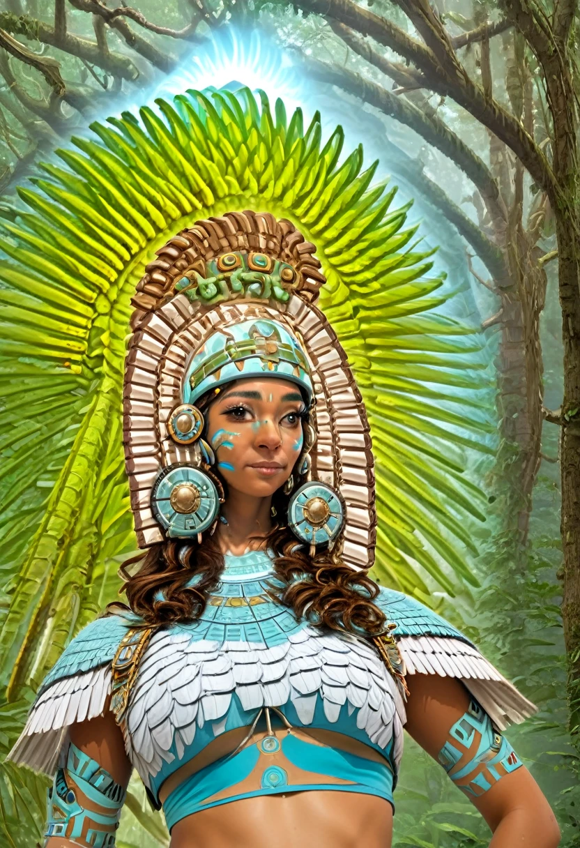 A youthful Latina woman, standing in the forest, with Mayan temples behind her. She is dressed in ancestral fashion with a futuristic modern style. Her headdress is like an ancient Aztec sculpture but with advanced tech, headphones headdress, aztec-mayan headdress, and LED lights. The year is 2222. She is set in a retro-futuristic world, surrounded by mystical sparkles that resemble blue-white blinking fireflies. The fusion of mystery and ancestry with advanced technology creates a unique atmosphere. Myan temples on in the distance. She is wearing a backpack and is shown from the waist up, heading to out on a quest to learn about ancient wisdom and new technology."
