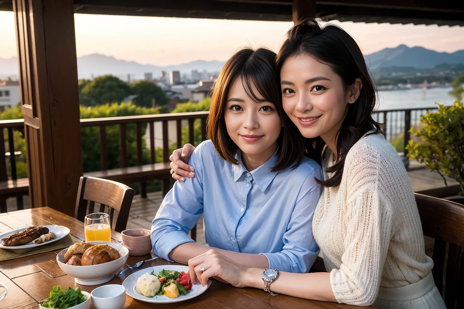 ((highest quality、8k、masterpiece:1.3))、 (Real, Genuine、Face carefully、Bright image、Intricate details:1.2), 最高のsmile、1 male, 1 female、Beautiful couple、Lovers、Japanese couple、A gentle lover、actress、model、smile、Glasses on the table、full-course dinner、Japanese sake,Junmai Ginjo,Sake Glass, Shochu、 (Slim face), (the body is slim), (Brown Hair), (short hair), Please put light on my face、 Amazing view of the sunset sky and clouds、 (42 years old), 39 years old, Fashionable shirts,dress、Delicate eyes, double eyelid,