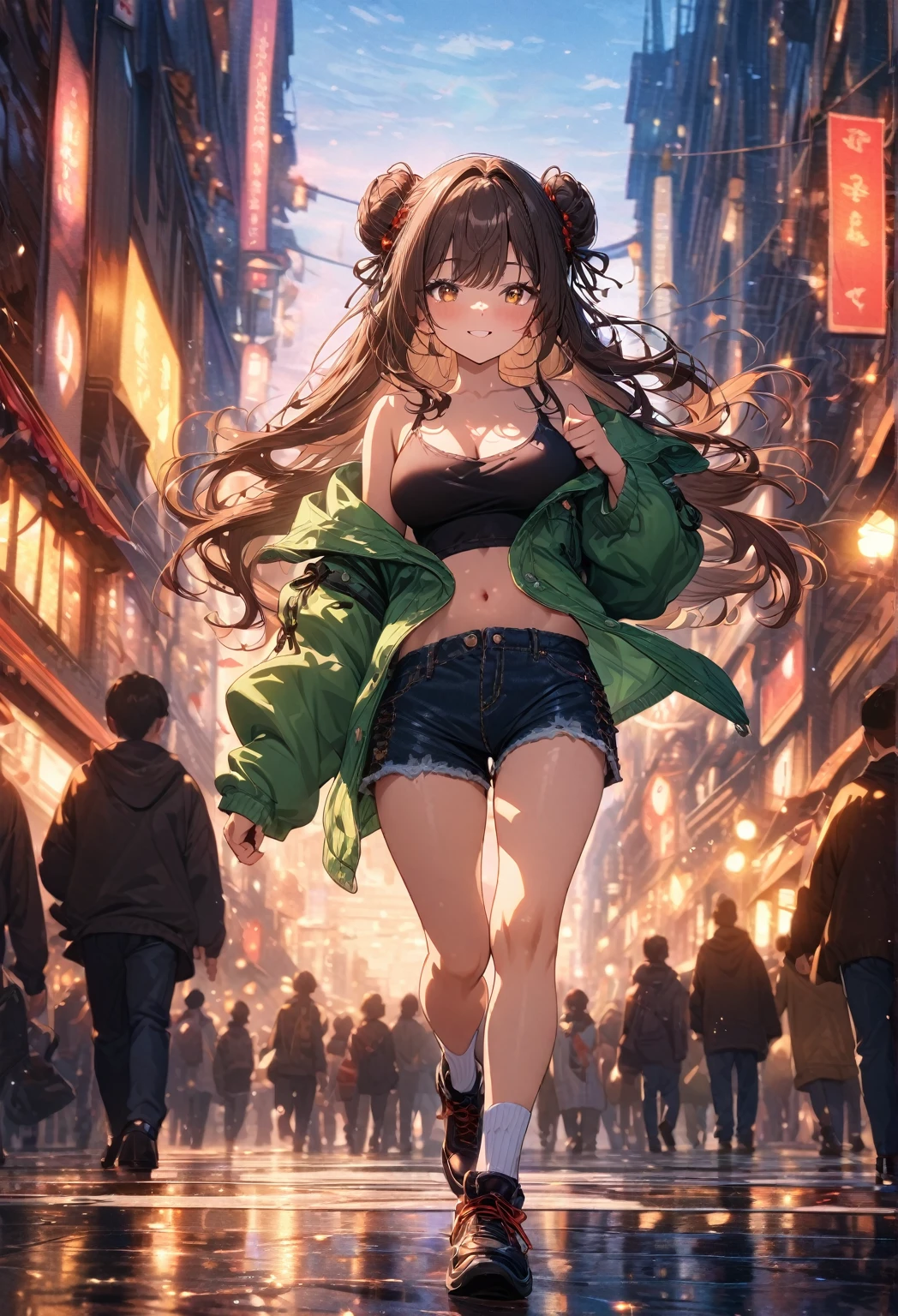((masterpiece:0), best quality, very aesthetic, newest, absurdres, detailed, high quality)
BREAK
highest quality, top quality, details, highres, ultra fine painting, digital art, official art, cinematic, 4k, 8k resolution, 8K CG wallpaper, CG, original artwork, detailed background, High Dynamic Range, blurry background, golden hour, blue hour, Starburst effects, crepuscular rays, good ISO, high resolution, wide shot, from far away, epic lighting, RAW photo, POV, sharp focus, lens flare, light reflection, reflections, light source, intricate details, hard light, particle noise, professional photography, bokeh, depth of field, good lighting, hard colors, looking away, detailed lights and shadows, stylish, ultra-detailed, Pixiv, trending art, niji style, modern-days, master crafted, pose
BREAK
solo, 1girl, a girl, correct fingers, detailed eyes, (medium big breasts:1.2), big thighs, short torso, short body, flushtered smile, warm happy expression, casual, (cute, slim), (childlike face:1.5), nice hips, nice body, brown hair, (long flowing hair:1.1), big 2 buns hairstyle, long bangs, long hair, middle hair bangs, brown eyes, dynamic pose, full body
BREAK
(black string tank top, off shoulder open green hoodie, tummy skin:1.1, open unbuttoned shorts, outfit ornaments)
BREAK
a close up of a person walking down a street with a crowd of people, crowded street, crowded streets, in front of a large crowd, giant crowd, girl walking through city, people walking down a street