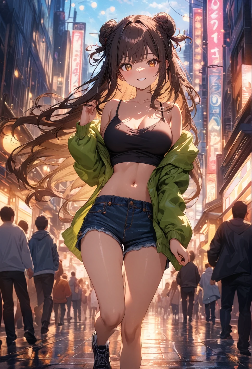 ((masterpiece:0), best quality, very aesthetic, newest, absurdres, detailed, high quality)
BREAK
highest quality, top quality, details, highres, ultra fine painting, digital art, official art, cinematic, 4k, 8k resolution, 8K CG wallpaper, CG, original artwork, detailed background, colorful background, blue atmosphere, High Dynamic Range, blurry background, blue hour, Starburst effects, crepuscular rays, good ISO, high resolution, wide shot, from far away, RAW photo, POV, sharp focus, light reflection, reflections, intricate details, soft light, particle noise, professional photography, bokeh, depth of field, natural lighting, vibrant colors, looking away, detailed lights and shadows, stylish, ultra-detailed, top rated on Pixiv, trending on Artstation, niji style, modern-days, master crafted, pose
BREAK
solo, 1girl, a girl, correct fingers, detailed skin, (medium big breasts:1.2), big thighs, short torso, short body, flushtered, happy expression, smile, casual, slim, ((cute, childlike face):1.3), nice hips, nice body, brown hair, (long flowing hair:1.1), big 2 buns hairstyle, long bangs, long hair, middle hair bangs, brown eyes
BREAK
(black string tank top, off shoulder open green hoodie, tummy skin:1.1, open unbuttoned shorts, many colors outfit ornaments) 
BREAK
a close up of a person walking down a street with a crowd of people, crowded street, crowded streets, in front of a large crowd, giant crowd, girl walking through city, people walking down a street