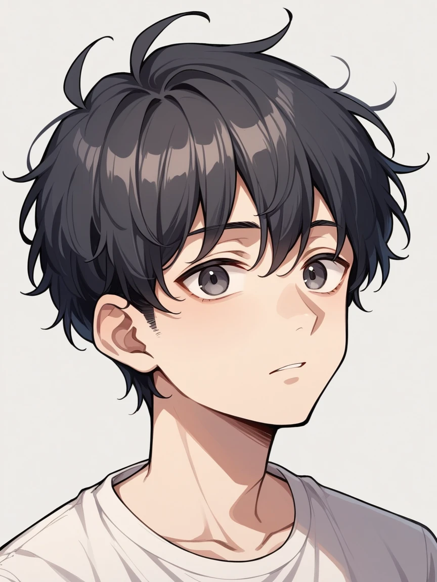 masterpiece, highest quality, Anime Style,Icon Style, 1 person, A quiet and attractive young man, Age 25, Highly detailed face, ((Dark grey eyes)), ((Dark hair parted in the center、Short Hair)),, ((Casual clothing)),background:white、Droopy eyes