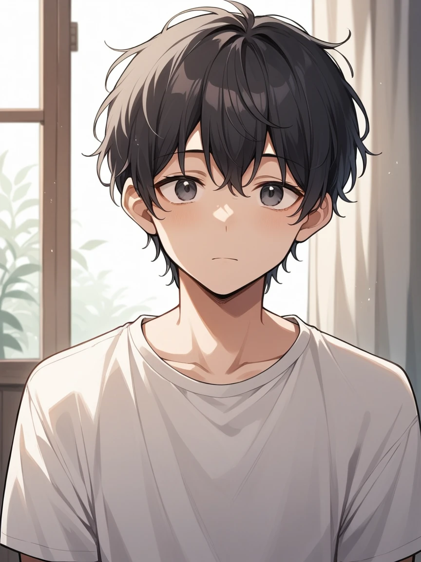 masterpiece, highest quality, Anime Style,Icon Style, 1 person, A quiet and attractive young man, Age 25, Highly detailed face, ((Dark grey eyes)), ((Dark hair parted in the center、Short Hair)),, ((Casual clothing)),background:white、Droopy eyes