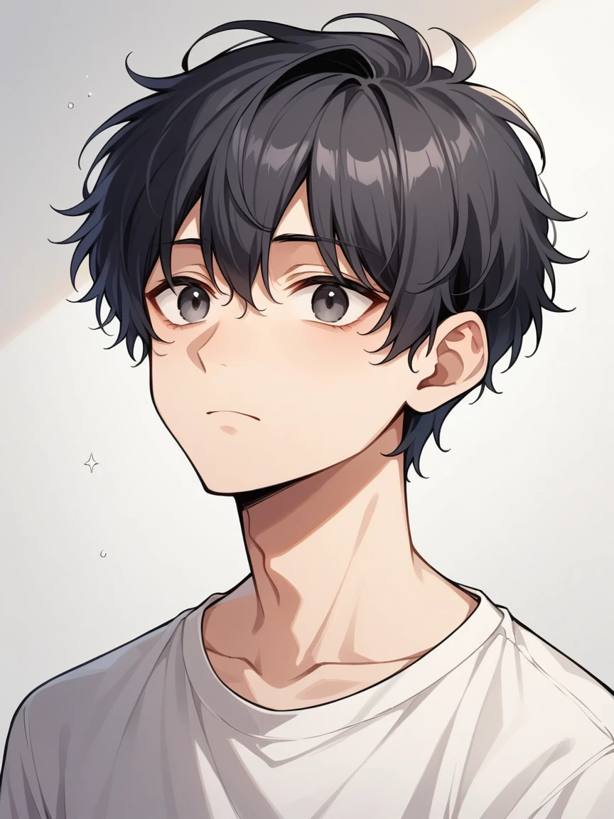 masterpiece, highest quality, Anime Style,Icon Style, 1 person, A quiet and attractive young man, Age 25, Highly detailed face, ((Dark grey eyes)), ((Dark hair parted in the center、Short Hair)),, ((Casual clothing)),background:white、Droopy eyes