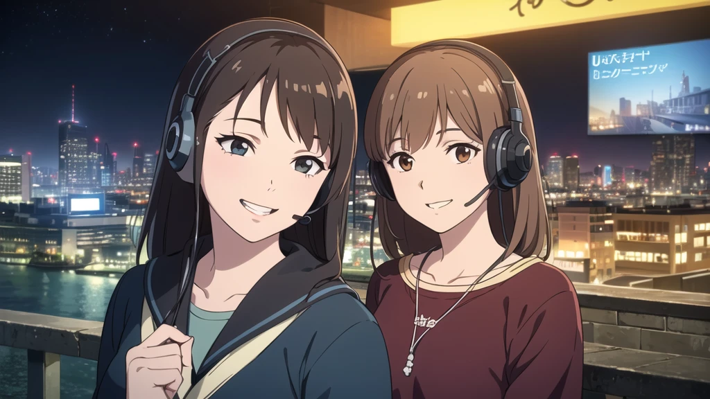 (In 8K, Ultra-high resolution, Best Quality, Masterpiece:1.2), (Realistic illustrations), (Highly Detailed CG Unity 8K Wallpaper), Relaxed girl listening to music with headset, smile, Detailed teeth, はにかんだsmile, Nostalgic vintage style animation, 80s city night view