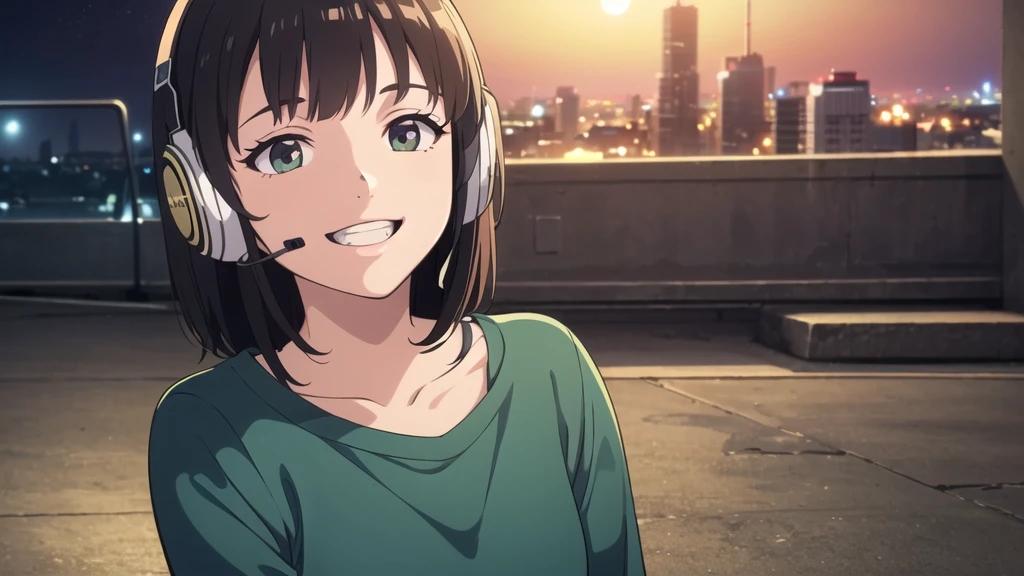 (In 8K, Ultra-high resolution, Best Quality, Masterpiece:1.2), (Realistic illustrations), (Highly Detailed CG Unity 8K Wallpaper), Relaxed girl listening to music with headset, smile, Detailed teeth, はにかんだsmile, Nostalgic vintage style animation, 80s city night view