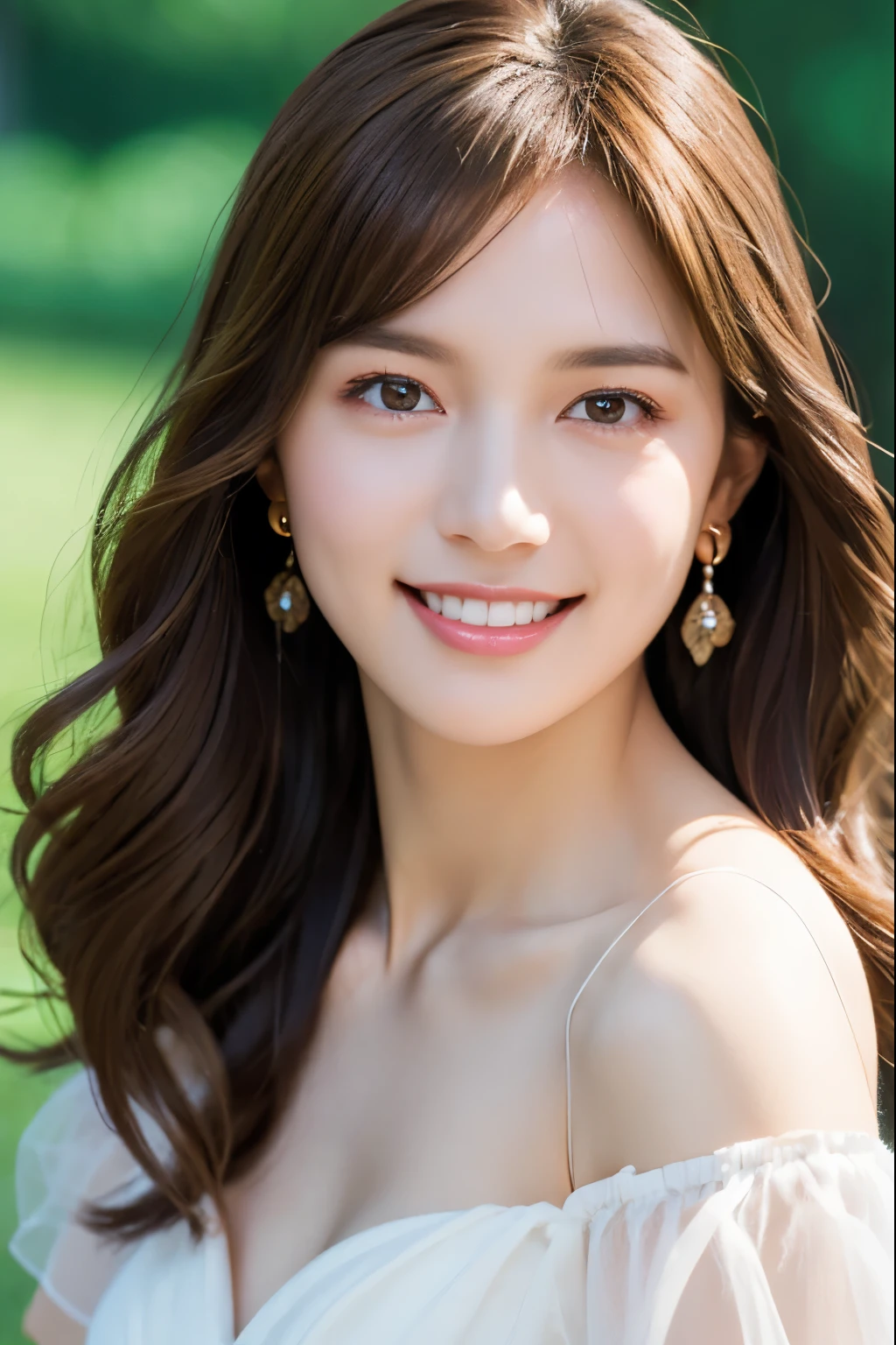 8K, ((Full body shot)), Cute dress that shows cleavage, ((Full body facing forward and moving)), (Beautiful and glossy long chestnut hair), (Blouse), ((Clear)) , Smile, ((Big breasts)), ((Transparent background) ), Super high resolution, Smile, (Delicate eyes), White skin, Earrings, High resolution photo, Smile, Nice body, Delicate and realistic skin, Staring, Beautiful white small teeth, high quality, realistic, fantasy, full color, top quality, very delicate and beautiful, 20 years old, staring, beautiful light, high-definition color photography, color photography, professional photographer, (realistic, photorealistic : 1.37), gushing sweat, solo, beautiful face, beautiful lips, delicate eyes, super high definition, standing figure, (expression: 1.2), very beautiful, cute face, bright light, high definition raw image, beautiful body, delicate With realistic skin, high quality real fantasy, full color, top quality, very delicate and beautiful, natural bright light, high definition color raw photo, color photo, professional photographer, single, beautiful woman, beautiful lips