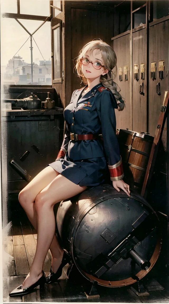 (masterpiece:1.2, best quality), (highly detailed:1.3), school locker r(masterpiece, top quality, best quality, official art, beautiful and aesthetic:1.2), (1girl:1.3), (gray hair victory curls), vintage 1940's American hairstyle, extremely detailed, portrait, looking at viewer, solo, (full body:0.6), detailed background, close up, vintage makeup, retro style, (warm summer military base theme:1.1), pinup girl, elegant face, long face, charlatan, smirk, mysterious, posing on top of a tank, ((riding the gun, barrel of the tank between her legs)), (((sitting on top of the gun barrel))), (((straddling the barrel of the tank))), patriotic costume, high heels, legs, M4 Sherman tank, WWII tank, armored version vehicle,, (((( medium, breast )))), toned, slim waist, slim hips, long legs, muscular legs, historical (WW2 army base exterior:1.1) background, dark mysterious lighting, shadows, magical atmosphere, dutch angle  Modest outfit, remote shot, detailed beautiful delicate face, detailed beautiful delicate eyes, perfect facial proportions, high-definition skin, fine skin, four-inch best ratio. With one thumb, a masterpiece, highly detailed, realistic, (World War II German general uniform reference : 1.8), the highest face resolution, adult, modestly dressed woman, dressed entirely, ( small, black hair, black straight bangs, super fine braids, straight bangs, red glasses, dark green eyes), future, science fiction, fighter plane, standing On the landing of a fighter plane, the government agency, a deep intelligent personality, a calm expression, a respectful face, a war, a fighter plane (La mejor calidad:1.1), (Obra maestra:1.4), (absurdos:1.0), retrato, primer plano,1girl, Marinero Urano, KizukiAi, Mujer madura, small breasts, aqua eyes, cabello rubio, Uniforme Sailor Senshi, Collar de marinero, arco de pecho, Arco trasero, Falda suplicante, Guantes blancos de codo, Acostado boca abajo, en el suelo, con el trasero en alto, mostrando el culo de espaldas, without looking back