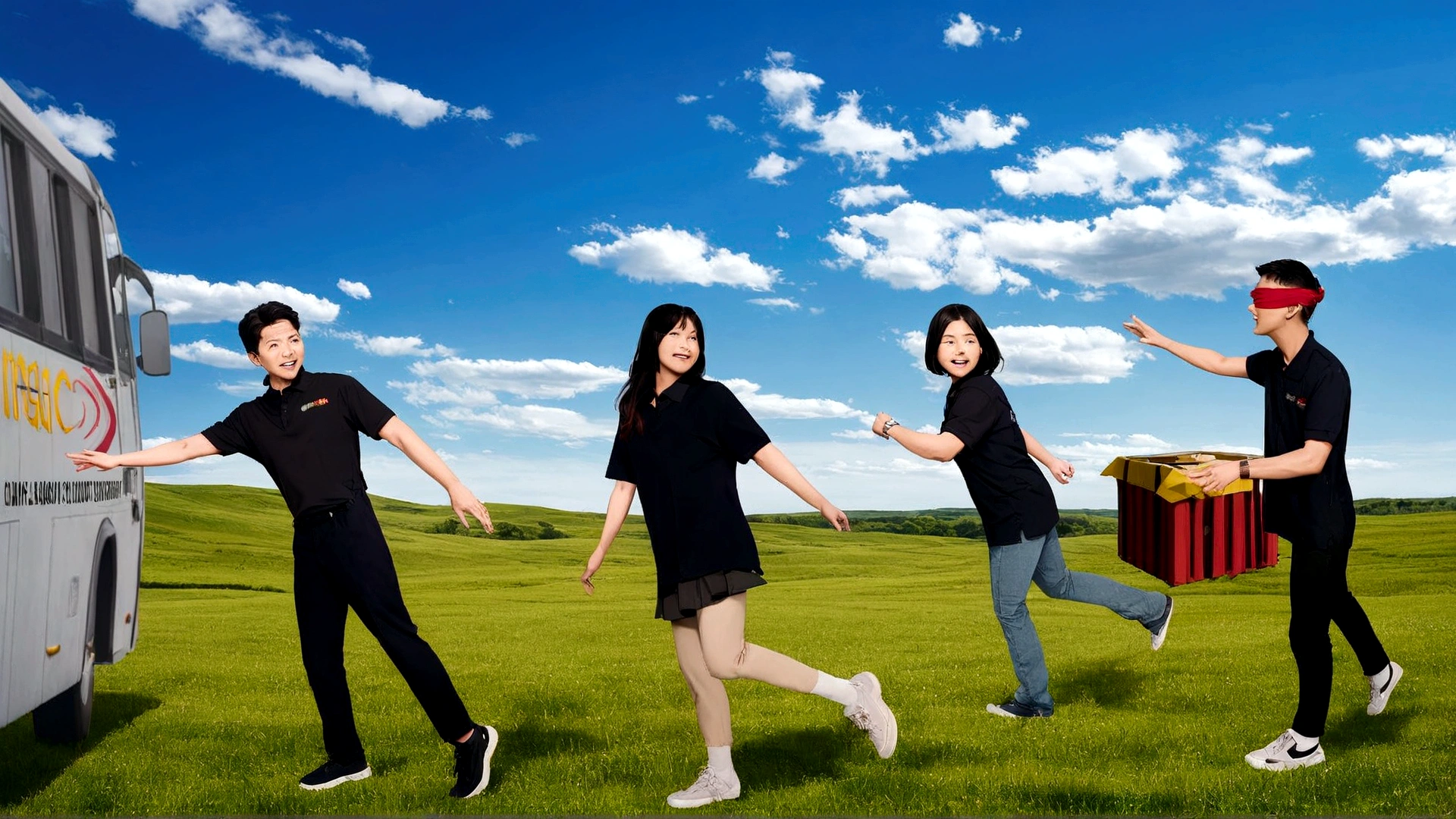 arafed image of a group of people running in a field, movie promotional image, promo shot, in a scenic background, t-pose, t - pose, in a large grassy green field, promotional art, advertising photo, promotional still, promotional picture, promotional photo, promotional image, promo still, t pose, in a grassy field, on a sunny day