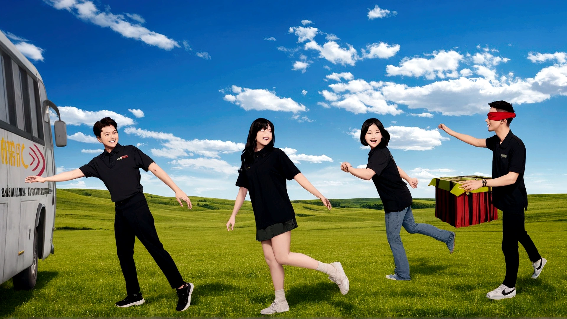 arafed image of a group of people running in a field, movie promotional image, promo shot, in a scenic background, t-pose, t - pose, in a large grassy green field, promotional art, advertising photo, promotional still, promotional picture, promotional photo, promotional image, promo still, t pose, in a grassy field, on a sunny day