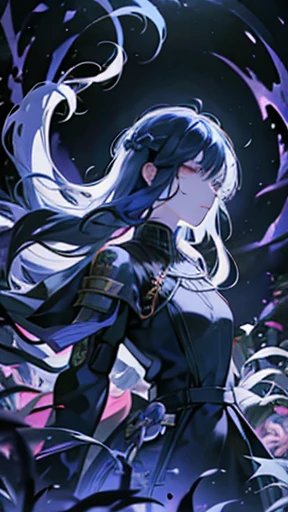 a female knight, flowers, holding a sword, black (bioluminescent) dress, Church, floating hair, epic, flood, anger, Psychedelics effects, red