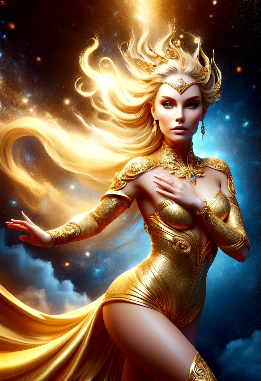 ( raios de luz ) Lindsey Vonn as a MYTHOLOGICAL DIVA in a golden bodysuit, cinto dourado, golden armlets, braceletes dourados largos, coxas expostas, right arm pointing upwards, head looking up, , athletic curvy body, olhando para o lado, Musculatura suavemente definida, back vision, perspectiva de corpo inteiro, Realismo 32K, obra prima.