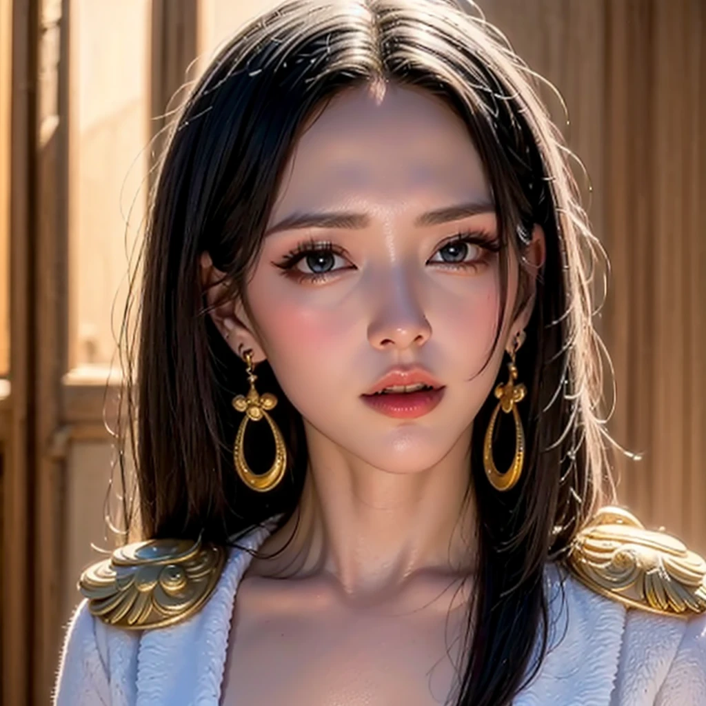 (masterpiece), (highest quality), (Realistic), Nikon RAW Photos, Fujifilm XT3, (detailed, A 21-year-old young female captain, Big eyes, snake gold earrings, avert your eyes), Sensual, (ultra detailed), 8k, 4K, Complex, upper_body, detailed_face, Best lighting, 屋outside, compensate, Bleach Background, Low rise,(masterpiece, highest quality:1.4), (face focus:1.5), outside, (Close to the sea), One girl, alone, Hancock 1, One girl, Boa Hancock, Big Breasts, Cleavage, Long Hair, Epaulettes, Cape, (white Cape:1), Crop top, Long sleeve, Side slits, (Young European Woman:1), View your viewers, Beautiful smile, beautiful face, highly detailed face, highly detailed eyes, subsurface scattering, Realistic pupils, full face blush, Fuller lips, detailed background, Depth of written boundary, Volumetric lighting, Sharp focus, Absurd, Realistic proportions, (Realistic, hyperRealistic:1.4), 16K HDR