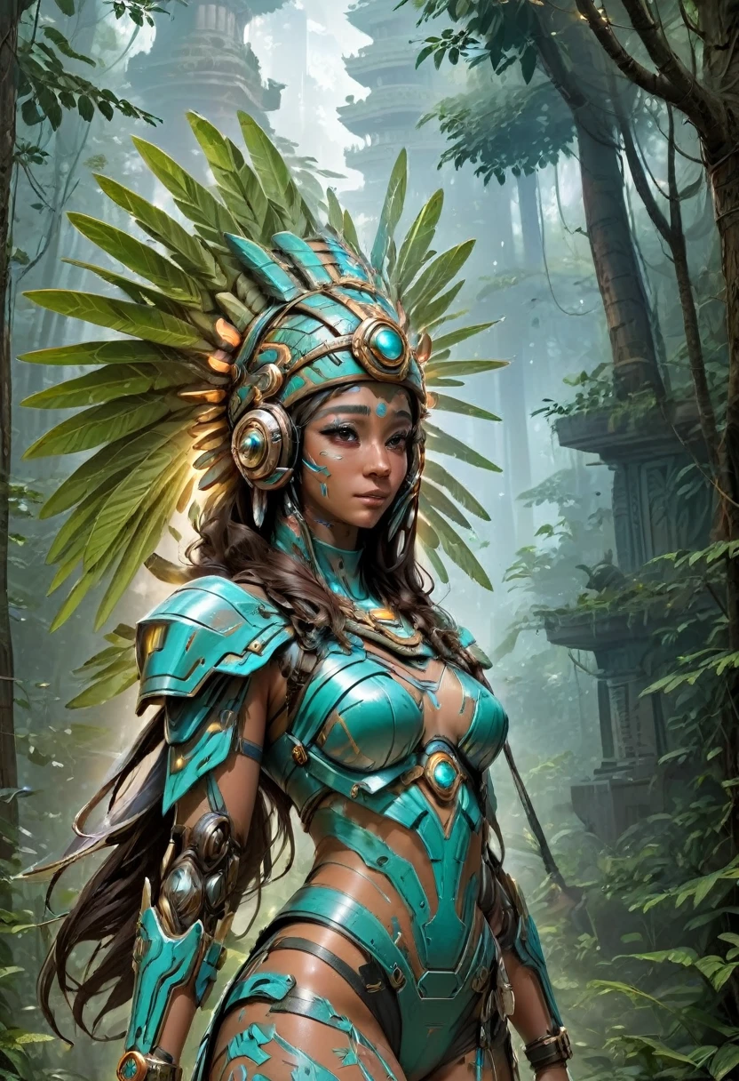 A youthful Latina woman, standing in the forest, with Mayan temples behind her. She is dressed in ancestral fashion with a futuristic modern style. Her headdress is like an ancient Aztec sculpture but with advanced tech, headphones headdress, aztec-mayan headdress, and LED lights. The year is 2222. She is set in a retro-futuristic world, surrounded by mystical sparkles that resemble blue-white blinking fireflies. The fusion of mystery and ancestry with advanced technology creates a unique atmosphere. Myan temples on in the distance. She is wearing a backpack and is shown from the waist up, heading to out on a quest to learn about ancient wisdom and new technology."