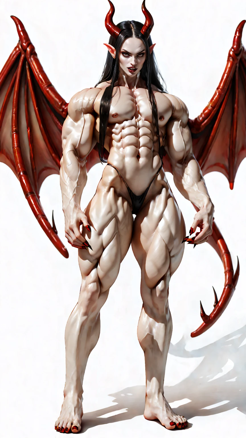 (megan fox), ((((((1 muscular demon girl)))))), (((huge upper body))), long hair, ((((huge demon wings))), (((pale skin))), (((sharp teeth, Huge horns, large nails))), navel, ((((full body front view)))), (((perfect hands, perfect fingers))), (((black empty background)))