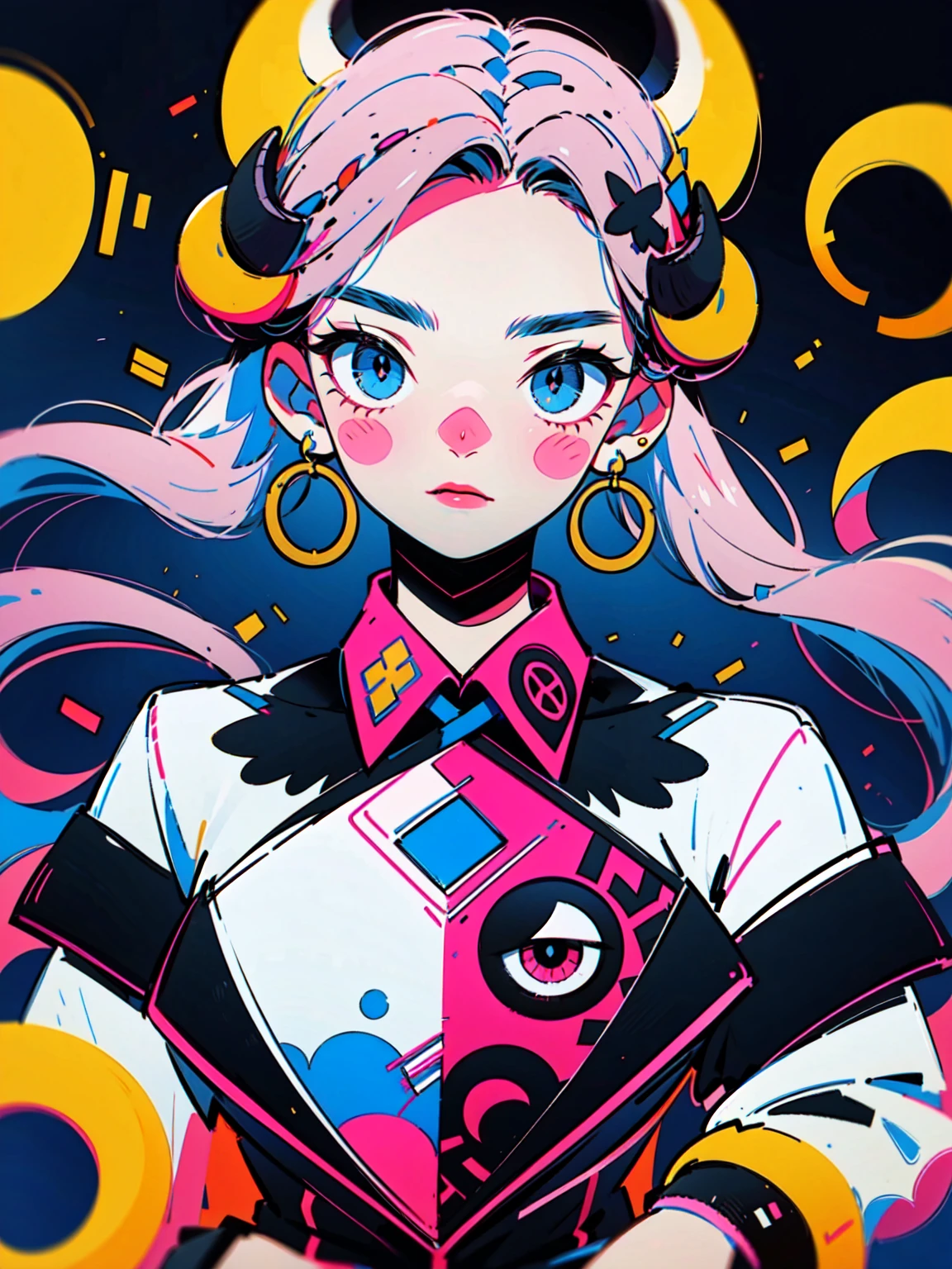 4lb1n0, 1girl, neon pink hair, Big eyes, Flower pattern on eyes, Pupil shape, glowing electric blue eyes, chunky hoop earrings, oversized blazer, metallic fuchsia lipstick, portrait with confident pose, retro dance floor background, masterpiece, best quality, cut3h0rnstyl3, looking to the side, horns, (80s Fashion Demon)

