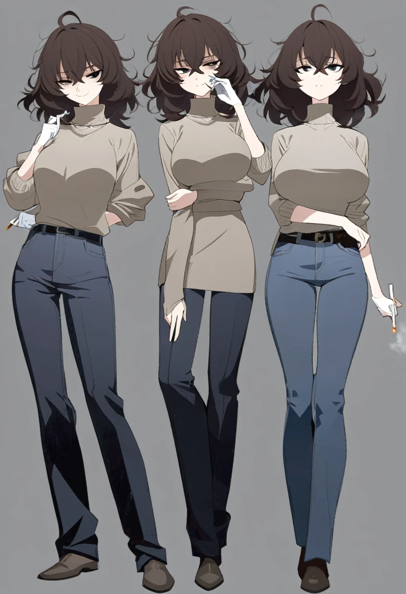 One Woman,Downer,older sister,Concept Art,Dark brown hair,Straight hair with slight inward curls,Staring eyes,Eye Ridge,black eye,Crossed bangs,whole body,smile,Larger breasts,Gray background,Bangs that reach down to the eyes,Messy hair,Perfect dark jeans,Light brown turtleneck sweater,Multiple views of the same character,Character Design,Dark circles under the eyes,Bad look,Listless,Sloppy,accessories,Cafe staff,Holding a cigarette,whole bodyCharacter Design,Detailed hands,Height: 170cm,