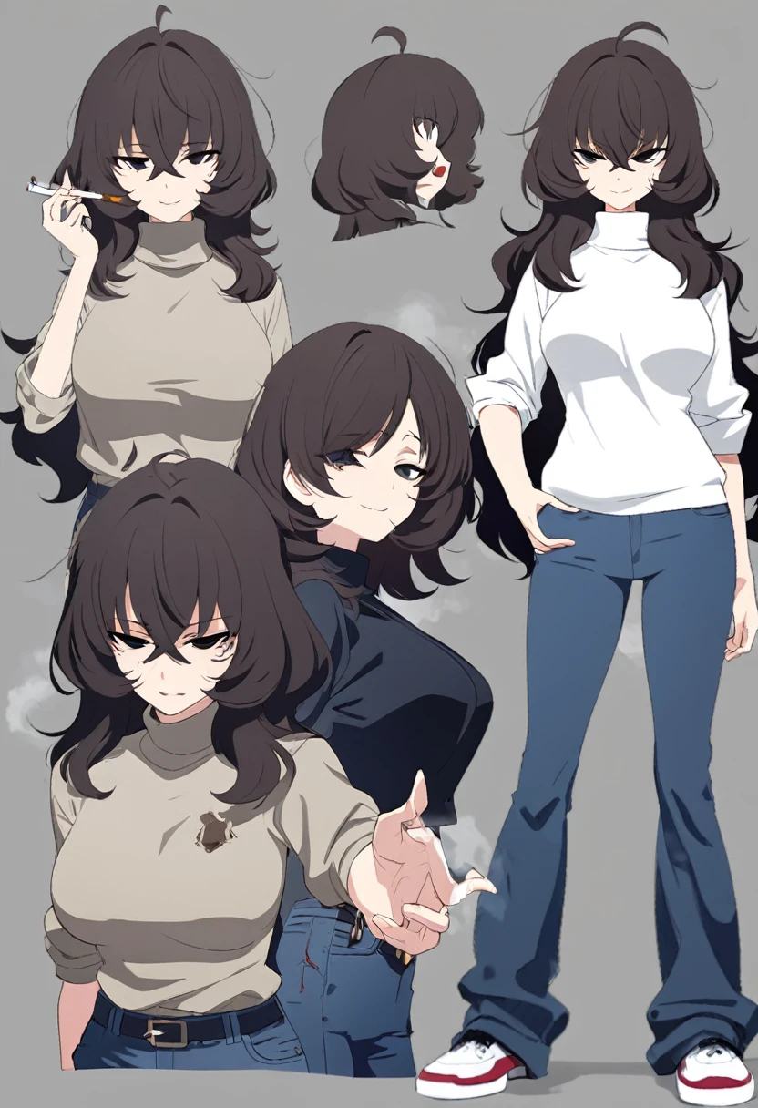 One Woman,Downer,older sister,Concept Art,Dark brown hair,Straight hair with slight inward curls,Staring eyes,Eye Ridge,black eye,Crossed bangs,whole body,smile,Larger breasts,Gray background,Bangs that reach down to the eyes,Messy hair,Perfect dark jeans,Light brown turtleneck sweater,Multiple views of the same character,Character Design,Dark circles under the eyes,Bad look,Listless,Sloppy,accessories,Cafe staff,Holding a cigarette,whole bodyCharacter Design,Detailed hands,Height: 170cm,