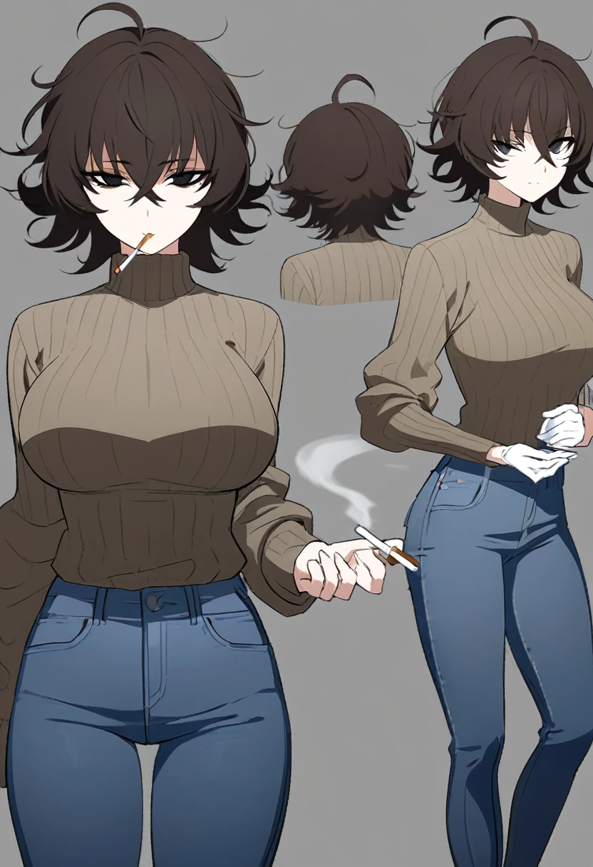 One Woman,Downer,older sister,Concept Art,Dark brown hair,Straight hair with slight inward curls,Staring eyes,Eye Ridge,black eye,Crossed bangs,whole body,smile,Larger breasts,Gray background,Bangs that reach down to the eyes,Messy hair,Perfect dark jeans,Light brown turtleneck sweater,Multiple views of the same character,Character Design,Dark circles under the eyes,Bad look,Listless,Sloppy,accessories,Cafe staff,Holding a cigarette,whole bodyCharacter Design,Detailed hands,Height: 170cm,