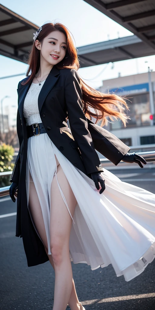 ((masterpiece,best quality)),8k wallpaper,1girl, long hair, red hair, solo, dress, red eyes, looking at viewer, long sleeves, standing, building, white dress, gloves, hair ornament, black jacket, smile, floating hair, dutch angle, closed mouth, looking away, outdoors