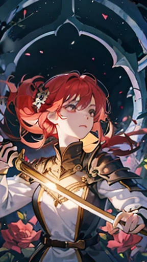 a female knight, flowers, holding a sword, Church, floating hair, epic, flood, anger, Psychedelics effects, red