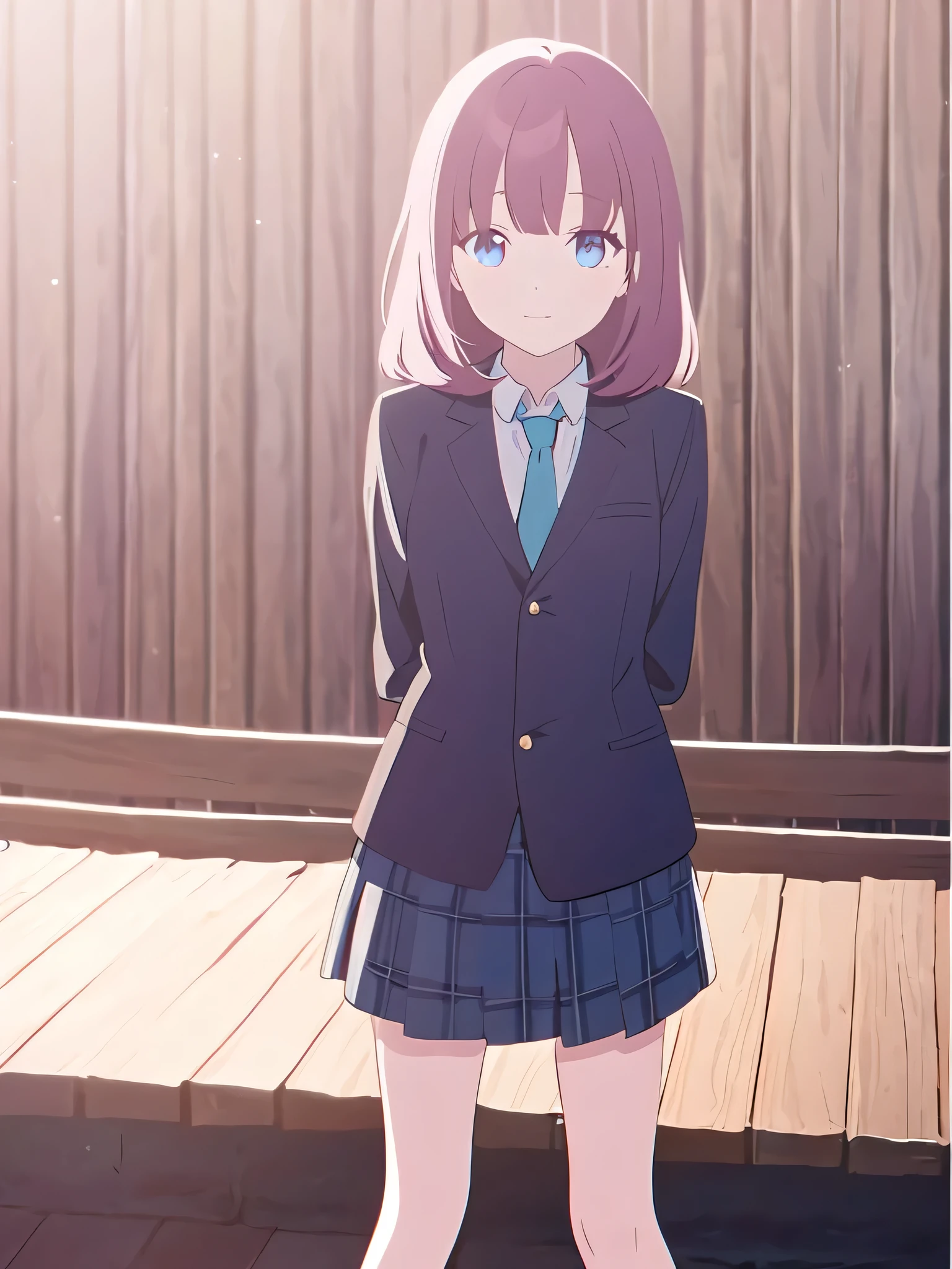 One girl、Standing on a wooden stage、Wearing 、Dark pink hair、blue eyes、Arms are placed at the sides of the body、shirt、skirt、tie、looking at the camera