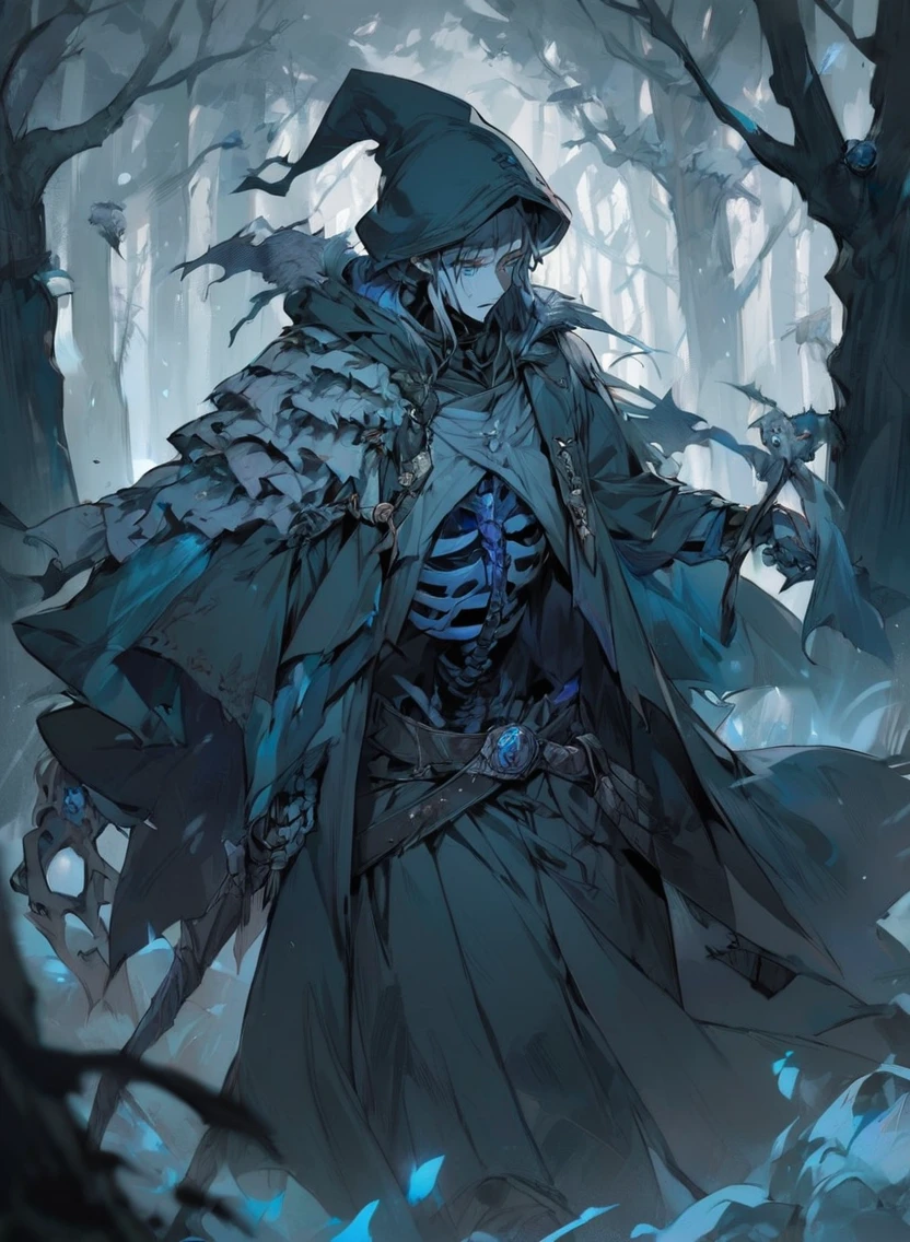 young man ,Male Dark, dark Woods, cold colors, Elf man , Warlock dnd , Skeleton army