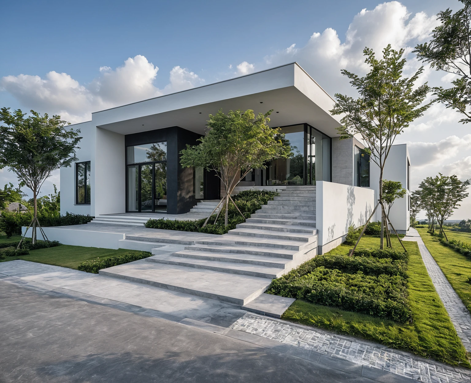 Masterpiece, high quality, best quality, authentic, super detail, outdoors, onestoreyvillaXL, aiaigroup, house style modern on the street ,stairs, white wall ,road,pavement, grass, trees, sky, cloud, (daylight:1.1)
