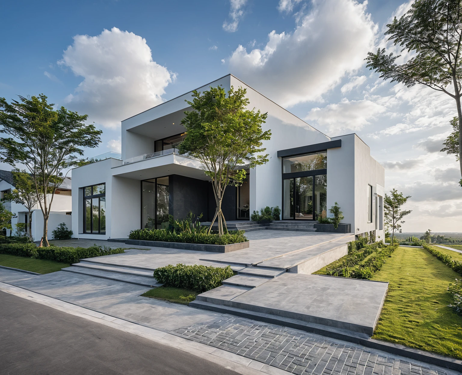 Masterpiece, high quality, best quality, authentic, super detail, outdoors, onestoreyvillaXL, aiaigroup, house style modern on the street ,stairs, white wall ,road,pavement, grass, trees, sky, cloud, (daylight:1.1)
