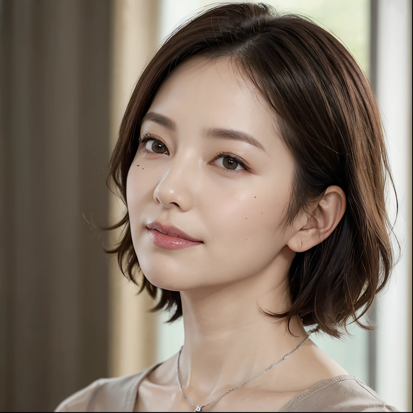 nsfw:1.4, (8K, top-quality, masterpiece:1.3, 超A high resolution, A hyper-realistic), High Detail, (Face like the real thing), Photorealsitic, Raw foto, ((one beautiful women)), Detailed face, beautidful eyes, realisticeyes, Eyes in Beautiful Details, (real looking skin), Beautiful skins, enticing, depth of fields, hight resolution, High pixel count, ((Sideways face, Looking away, Don't look your audience in the eye, Don't look at the camera)), fashionable cafe, The background is also in the picture, clear details, sharp photo, Natural color reproduction, Noise Reduction, High fidelity, Small pendant in silver color, A small necklace in silver color, ((Looks like a whole body:1.3)), (Wine-colored light knit U-neck shirt, Neat and clean clothing, Clothing that makes it difficult to see the chest, Clothing that makes it difficult to see the chest, Clothes with flat breasts), , Sexy lips, Ears are visible, a smile, kindly smile, Beautiful skins, enticing, the golden ratio, (Detal Face:1.2), profetional lighting, Lighting the face, best light, japanes, A Japanese Lady, Japan Mature Woman, a matural female, Short Bob Hair, ((sixty years old, Beautiful, Wrinkles on the face, Wrinkles at the corners of the eyes, Nasolabial fold wrinkles, Small wrinkles, Beautiful, Beautiful Aunt, Moderate moles, Small mole on the face))