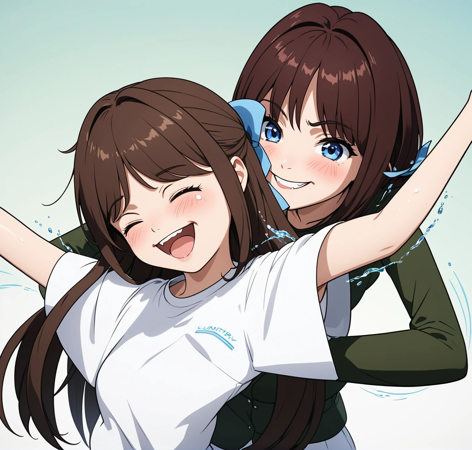 two extremely delicate and beautiful girls,Girl in white shirt raising her arms,The other girl put her hand into the sleeve of the girl in the white shirt with a sly smile,(laughing:1.4),(big mouth:1.1),open mouth,happy,(frown:1.3),crazy smile,(pain face:1.2),blush,tears,sweat,(tickling armpits),((trembling)),(((masterpiece))), (((best quality))), (official art), ((extremely detailed CG unity 8k wallpaper)), (Best character details), ((ultra-detailed)), (illustration), (dynamic angle),