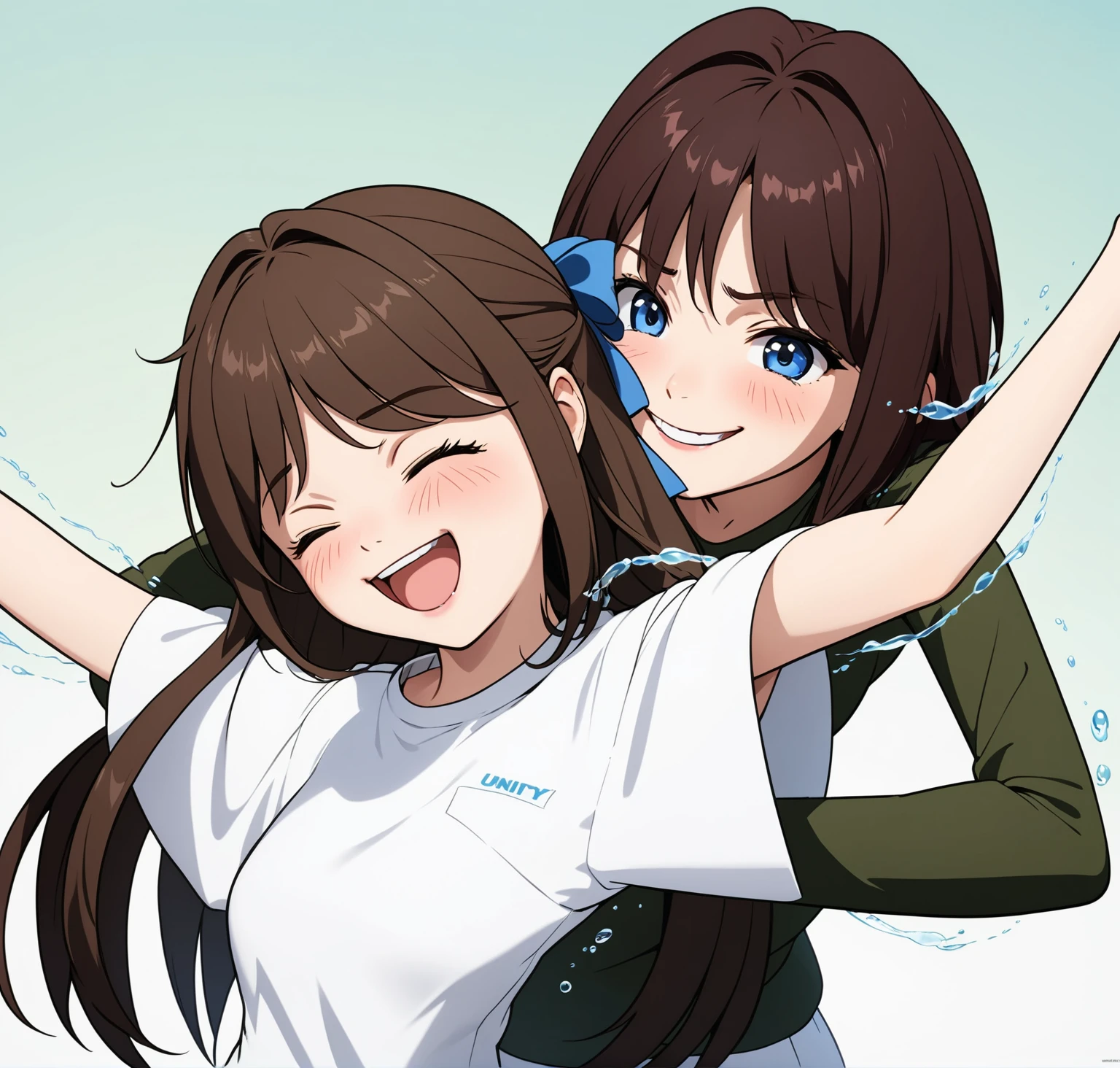 two extremely delicate and beautiful girls,Girl in white shirt raising her arms,The other girl put her hand into the sleeve of the girl in the white shirt with a sly smile,(laughing:1.4),(big mouth:1.1),open mouth,happy,(frown:1.3),crazy smile,(pain face:1.2),blush,tears,sweat,(tickling armpits),((trembling)),(((masterpiece))), (((best quality))), (official art), ((extremely detailed CG unity 8k wallpaper)), (Best character details), ((ultra-detailed)), (illustration), (dynamic angle),