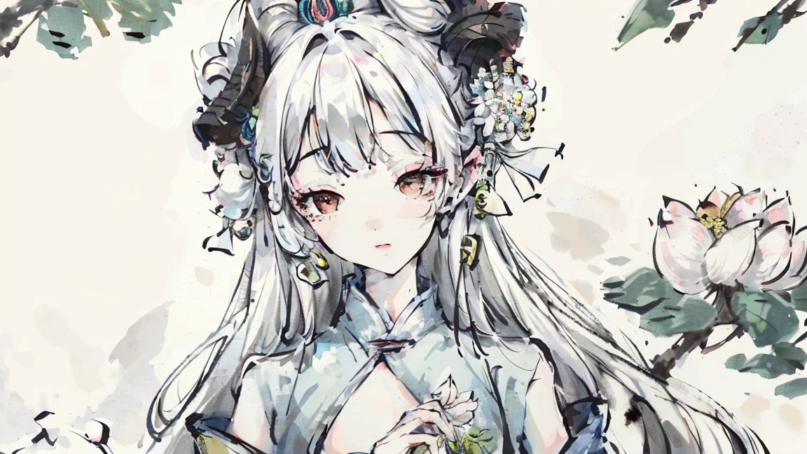 ((4K, masterpiece, highest quality)), Shui Mobisim, Chinese painting, Lotus flowers around: 1.5, Hanfu, Maxi Kit, 1 modestly dressed girl, Holding a lotus in hand, alone, white hair, Long Hair, The presence of obvious horns on the head, white, , Looking at the audience, Provocative