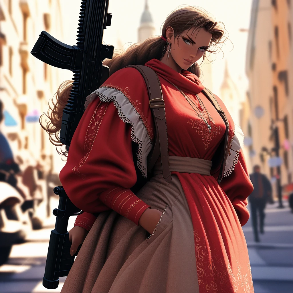 A young Cossack woman,Wear traditional clothing,Armed with an energy rifle,Behind is the mechanical wolf,Jakub Rozalski Style,Gallant,Exquisite details,8k