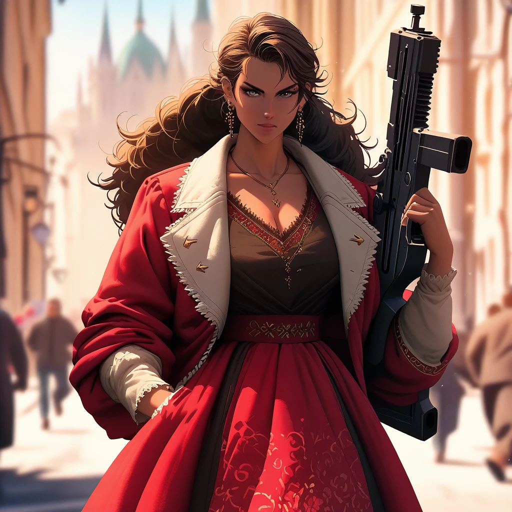 A young Cossack woman,Wear traditional clothing,Armed with an energy rifle,Behind is the mechanical wolf,Jakub Rozalski Style,Gallant,Exquisite details,8k