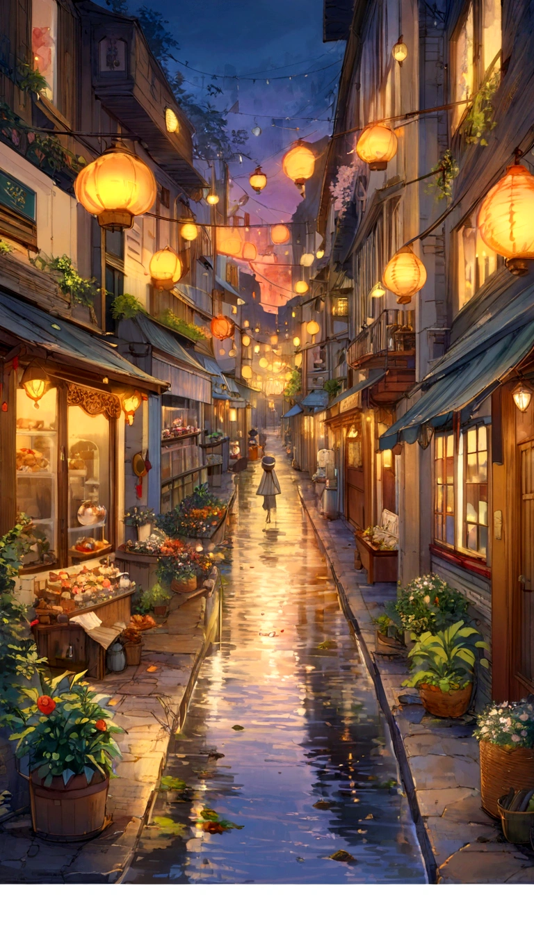 City flower shop, potted plant, flower, Rainy night,Water surface reflection puddle,Oriental design, Pendant lamp , Digital Painting, sunset,Wind up,Concept Art, figure, complicated, Many people々, Pendant lamp, Happy, Beautiful colorful lights, flower, plant ((Tilset)) Anime - city street style scene, Woman waiting in front of store, Anime Background Art, Detailed Landscape - Width 672, Anime scenery Concept Art, Anime-style streetscape, Studio Ghibli Anime Style, Studio Ghibli art style, Studio Ghibli Program, Anime scenery, Studio Ghibli art style, Landscape painting, Beautiful Anime scenery, Forest Street, Ghibli art style, Cake shop, Cake shop, bakery Cake shop, Makoto Shinkai style, Makoto Shinkai anime, Makoto Shinkai's art style