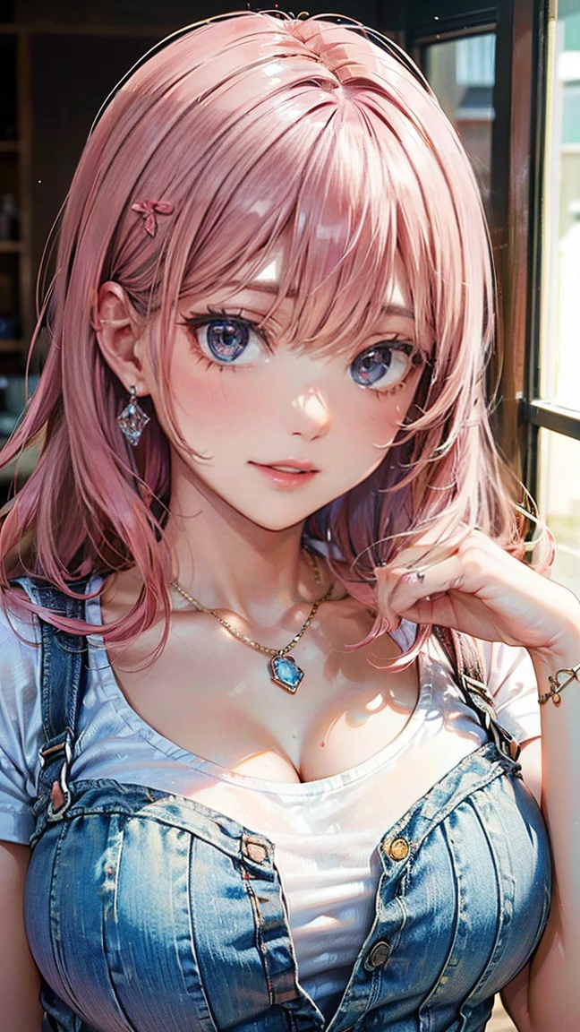 (Masterpiece, BestQuality:1.3), (ultra detailed:1.2), (hyperrealistic:1.3), (RAW photo:1.2), High detail RAW color photo, professional photograph, (Photorealistic:1.4), (realistic:1.4), professional lighting, perfect anatomy, (Big Breasts:1.2), (blush, detailed face), (cheerful Smile:1.5), Trending Hair&Trending Hairカラーをランダムに, earrings, necklace, bracelet, sexy, erotic sexy, Random sexy gravure poses, (A beautiful pink-haired woman wearing a white T-shirt and denim shorts。She has an adventurous smile。:1.3)