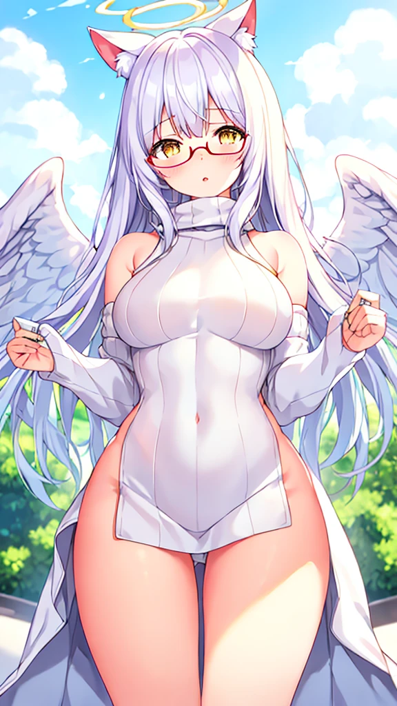 A 20-year-old female angel with long, white hair, yellow eyes, white cat ears, and large white angel wings. yellow halo ring round white glasses White turtleneck, halter, backless turtleneck sweater, purekiller sweater. short white dress White wide arm warmers, standing, looking down