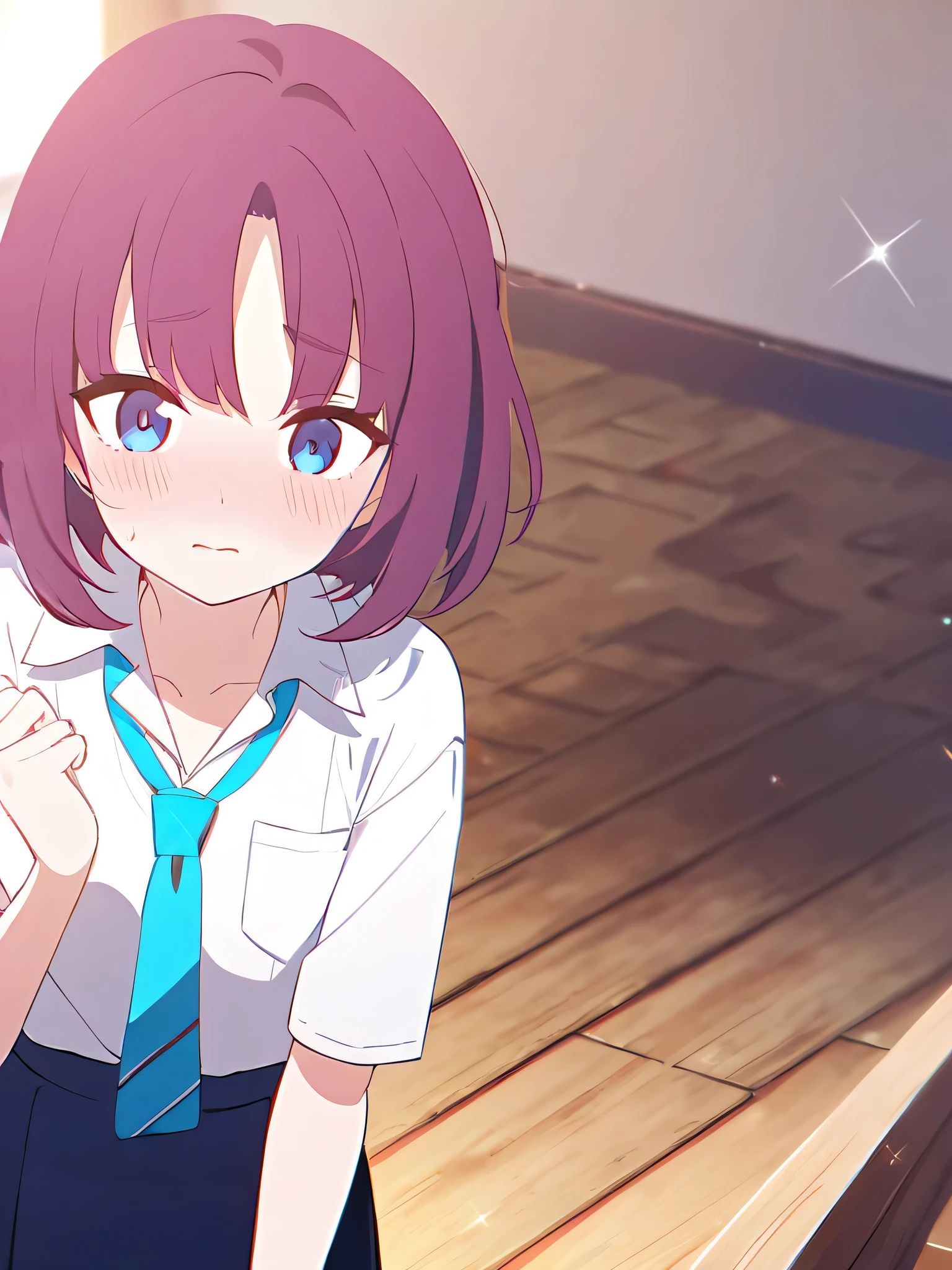 One girl、Standing on a wooden stage、Wearing a white shirt、The light blue tie is removed from around his neck.、Wearing a dark blue skirt、Dark pink hair、Blushing a little、blue eyes、looking at the camera、Bob Hair