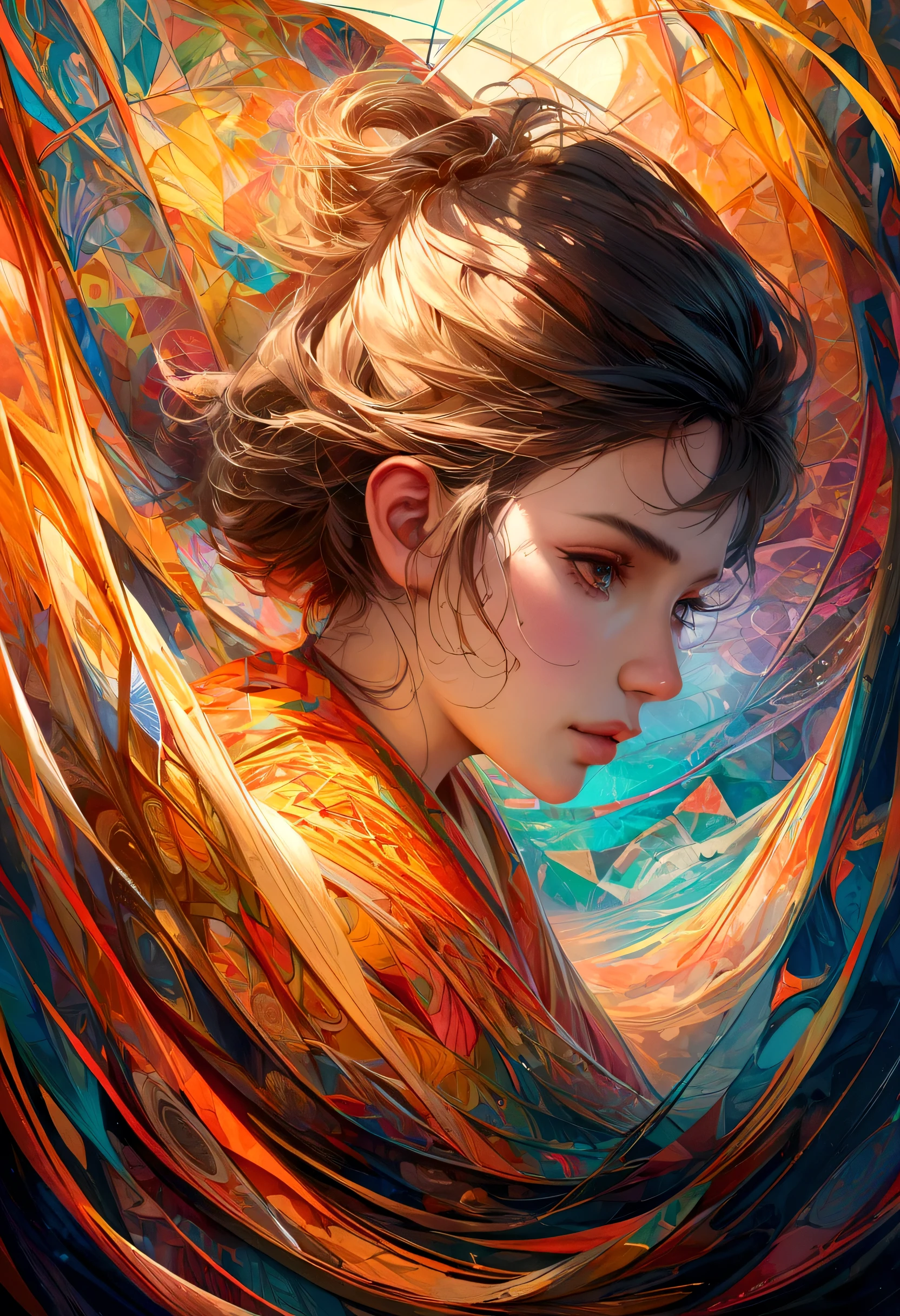 a beautiful detailed illustration, intricate patterns of lines, circles and triangles, striking colors of brown, yellow, orange and vibrant hues, photorealistic, highly detailed, masterpiece, 8k