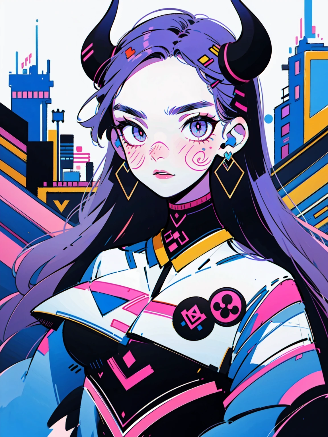 4lb1n0, 1girl, vibrant purple hair, Big eyes, Flower pattern on eyes, Pupil shape, glowing magenta eyes, geometric earrings, power suit, matte lavender lips, portrait with fierce expression, 80s cityscape background, masterpiece, best quality, cut3h0rnstyl3, facing forward, horns, (Power Demon)