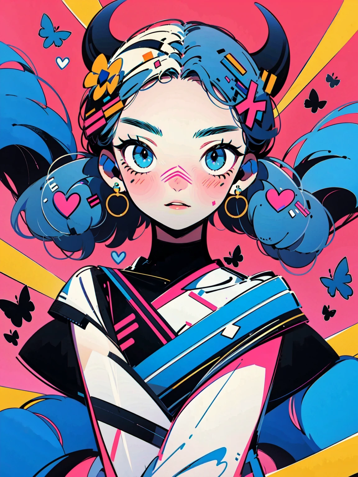4lb1n0, 1girl, pastel teal hair, Big eyes, Flower pattern on eyes, Pupil shape, radiant bubblegum pink eyes, lightning bolt earrings, leg warmers and leotard, metallic teal lipstick, portrait with energetic pose, aerobics studio background, masterpiece, best quality, cut3h0rnstyl3, looking over shoulder, horns, (Aerobics Demon)

