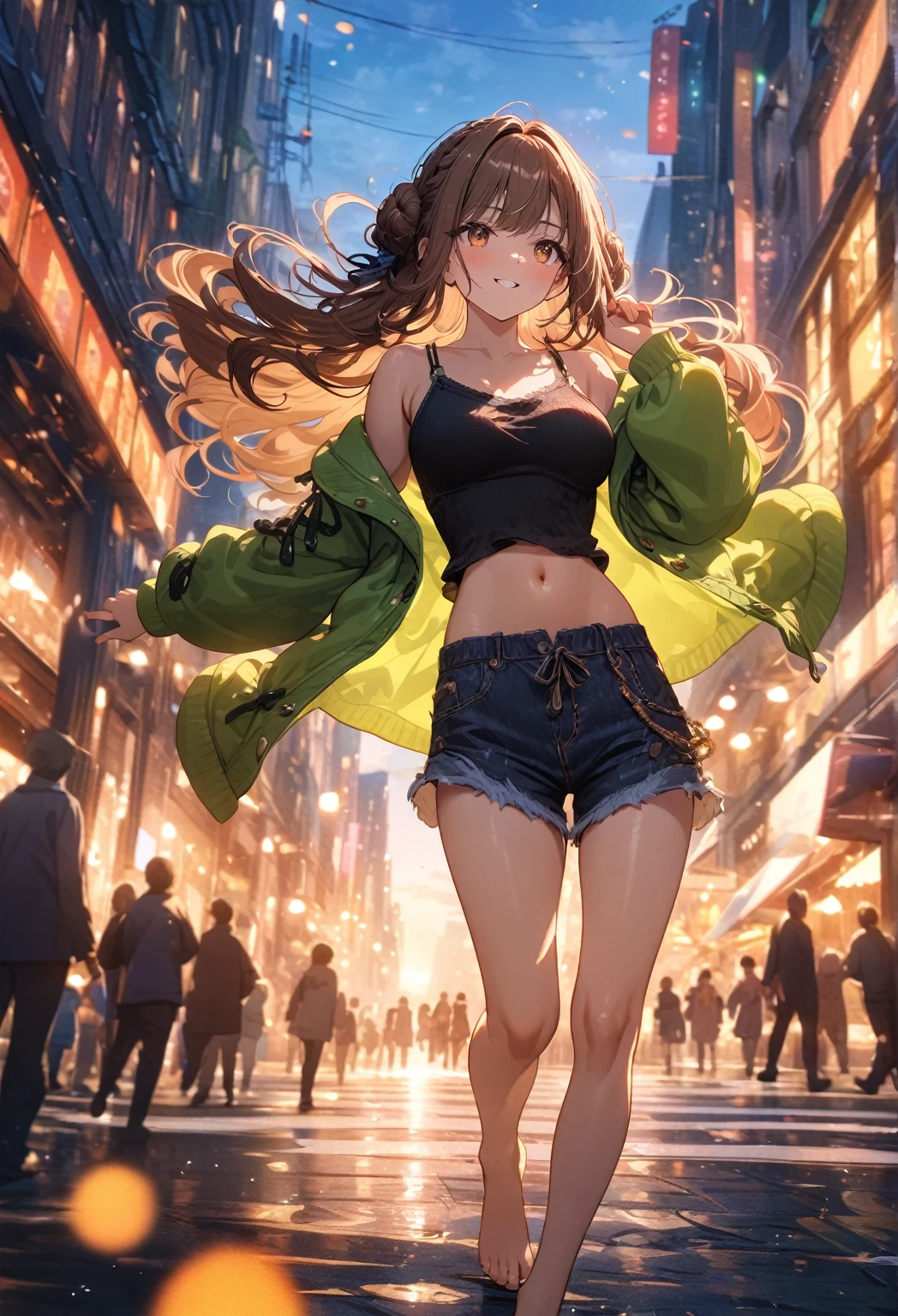 ((masterpiece:0), best quality, very aesthetic, newest, absurdres, detailed, high quality)
BREAK
highest quality, top quality, details, highres, ultra fine painting, digital art, official art, cinematic, 4k, 8k resolution, 8K CG wallpaper, CG, original artwork, detailed background, High Dynamic Range, blurry background, golden hour, blue hour, Starburst effects, crepuscular rays, good ISO, high resolution, wide shot, from far away, epic lighting, RAW photo, POV, sharp focus, lens flare, light reflection, reflections, light source, intricate details, hard light, particle noise, professional photography, bokeh, depth of field, good lighting, hard colors, looking away, detailed lights and shadows, stylish, ultra-detailed, Pixiv, trending art, niji style, modern-days, master crafted, pose
BREAK
solo, 1girl, a girl, correct fingers, detailed eyes, (medium big breasts:1.2), big thighs, short torso, short body, flushtered smile, warm happy expression, casual, (cute, slim), (childlike face:1.2), nice hips, nice body, brown hair, (long flowing hair:1.1), big 2 buns hairstyle, long bangs, long hair, middle hair bangs, brown eyes, dynamic pose, full body, barefoot
BREAK
(black string tank top, off shoulder open green hoodie, tummy skin:1.1, open unbuttoned shorts, outfit ornaments)
BREAK
a close up of a person walking down a street with a crowd of people, crowded street, crowded streets, in front of a large crowd, giant crowd, girl walking through city, people walking down a street