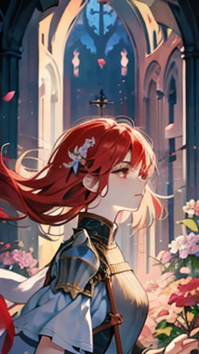 a female knight, flowers, holding a sword, Church, floating hair, summer, anger, Psychedelics effects, red
