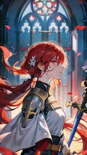 a female knight, flowers, holding a sword, Church, floating hair, summer, anger, Psychedelics effects, red