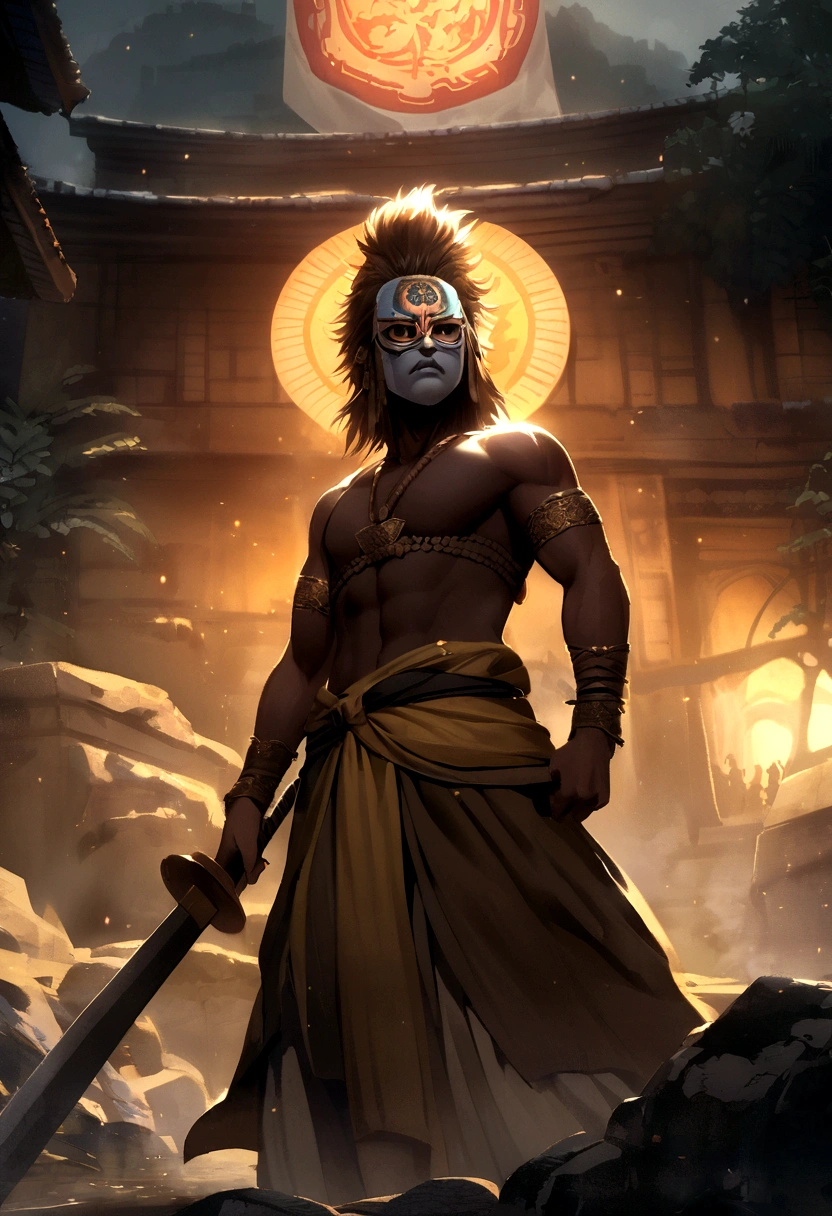 sri lankan warrior, holding sword, ruined old palace background, clan banner, night environment