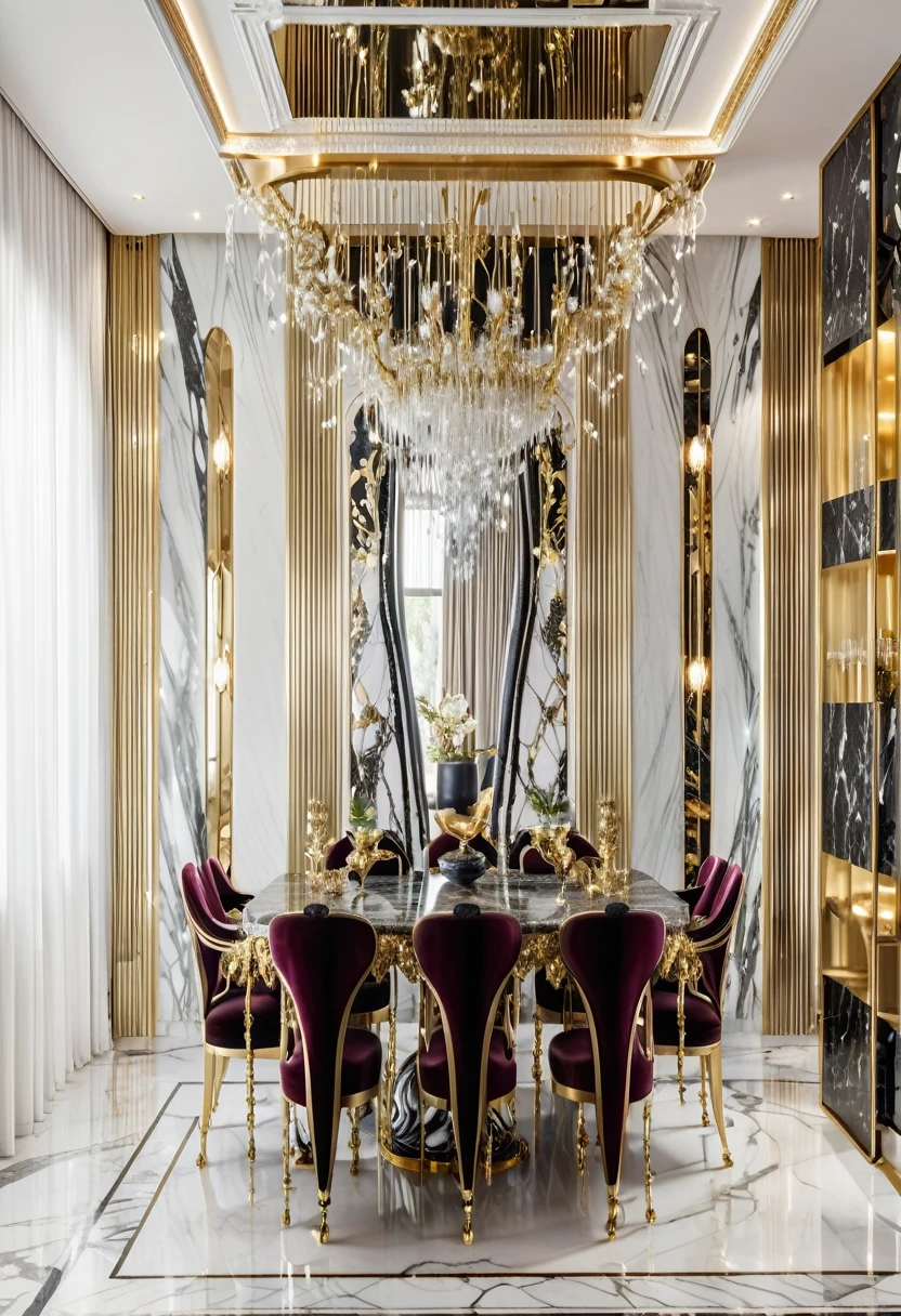 a dining room with a large table and chairs in it, magnificent design, extremely opulent, ornate and elegant, elegant and refined, elegant and ornate, luxurious environment, ornate and flowing, made of liquid metal and marble, maximalist sculpted design, gold and luxury materials, beautiful aesthetic design, dramatic and dynamic lighting, maximalist, exquisite rendering, elegant and graceful