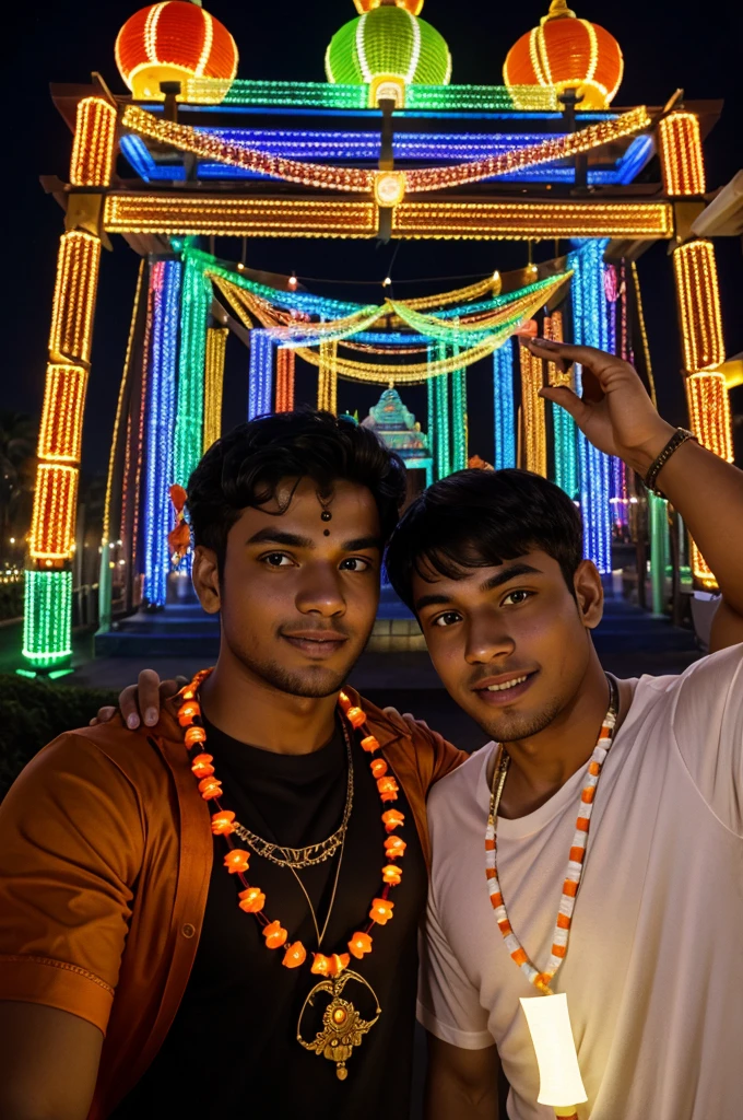 Two young men are taking a selfie in front of a brightly illuminated building at night. The building is adorned with colorful lights, giving it a festive appearance. One man is wearing a black shirt and has an orange tilak on his forehead, while the other is in a white shirt and cap, also with an orange tilak. The background features a vibrant, decorated structure with various lighting patterns, suggesting they are at a temple or a place celebrating a festival.






